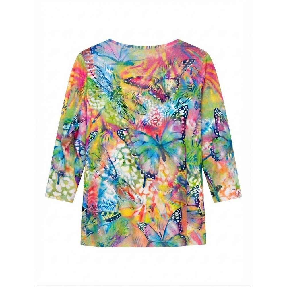 Ali Miles Womens 2X Rainbow Butterfly Dragonfly 3/4 Sleeve Soft Knit Shirt - Picture 9 of 10